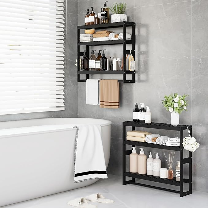 RRX Bathroom Shelf Storage Organizer, Bathroom Shelf 3-Tier Adjustable Layer Bamboo Organizer with Bar, Hanging, Freestanding Over Toilet Utility Shelves, Black