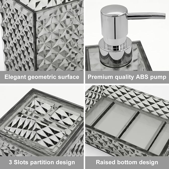 Bathroom Accessories Set, 4 Pcs Bathroom Decor Bathroom Sets Accessories, Diamond Soap Dispenser, Bathroom Tumbler, Soap Dish and Toothbrush Holder Set, Boho Bathroom Decor Grey