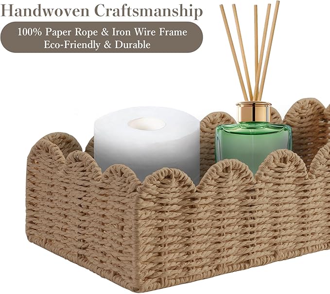 2 Pack Scalloped Wicker Toilet Paper Storage Basket, Handwoven Paper Rope Basket Organizer for Toilet Tank & Shelves, Decorative Woven Storage Bin for Living Room, Bedroom & Entryway, Beige