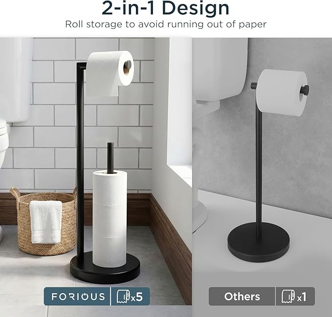 FORIOUS Toilet Paper Holder Stand, Modern Freestanding Tissue Roll Holder for Bathroom, Durable SUS 304 Stainless Steel and Weighted Base Toilet Paper Stand, Storage for 4 Rolls, Matte Black
