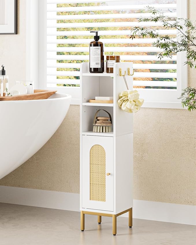 Bathroom Storage Cabinet, Small Corner Floor Hutch with Door and Shelves, Narrow Toilet Paper Cabinet, Bathroom Organizer with Adjustable Shelf, for Small Spaces (Classic-Rattan, White)