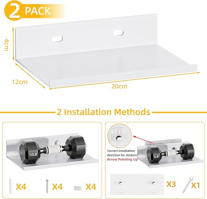 Wisfame Small Floating Shelves for Wall, Metal Adhesive Wall Shelf 2 Pack, Modern Display Shelf for Living Room, Bedroom, Bathroom Decor (White, 8 Inch)