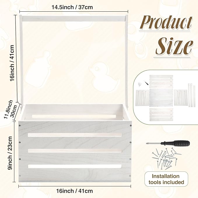 Suzile White Wooden Baby Shower Crate Closet Wood Basket for Gifts with Handle Boy Girl Clothes Gender Reveal Storage Box for Newborn New Parent (Classic)