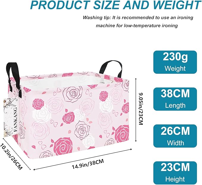 Storage Bins, Nursery Hamper Canvas Laundry Basket Foldable with Waterproof PE Coating Large Storage Baskets for Kids Boys and Girls, Office, Bedroom, Clothes,Toys(Rec-Pink roses ）