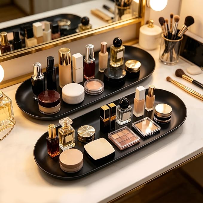2 Pack Stainless Steel Decorative Tray, 12 Inch Oval Vanity Tray for Jewelry, Small Storage Plate for Cosmetics Organizer Bathroom Key Candle (Black)