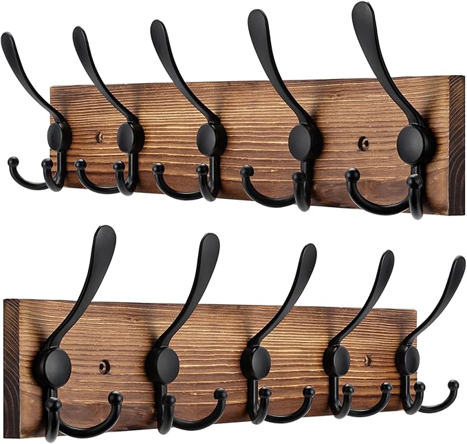 Kuhome 2pcs Coat Rack Wall Mount Wooden Hat Rack for Wall Hooks Pine Real Wood Plank 16.9" Brown Coat Hanger with 5 Triple Hooks for Hanging Coat Hat Jacket