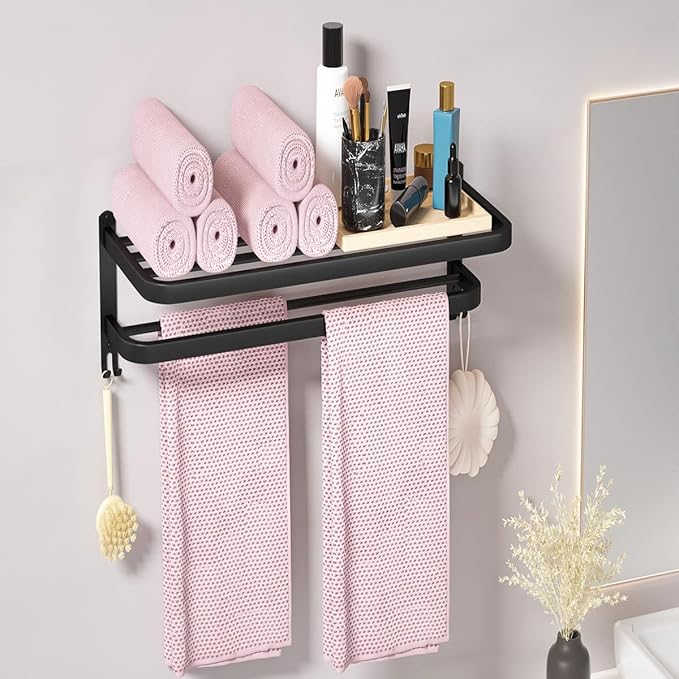 15 Inch Black Towel Racks for Bathroom Towel Shelf with Double Towel Bars Lavatory Wall Mount Holder with Hooks Stainless Steel Hotel Bath Rack (Matte Black)