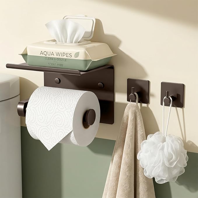Tindbea Toilet Paper Holder with Phone Shelf + Towel Robe Hooks, Adhesive or Screw Wall Mounted Toilet Paper Roll Storage Dispenser, Stainless Steel Bathroom Tissue Roll Holder (Bronze)