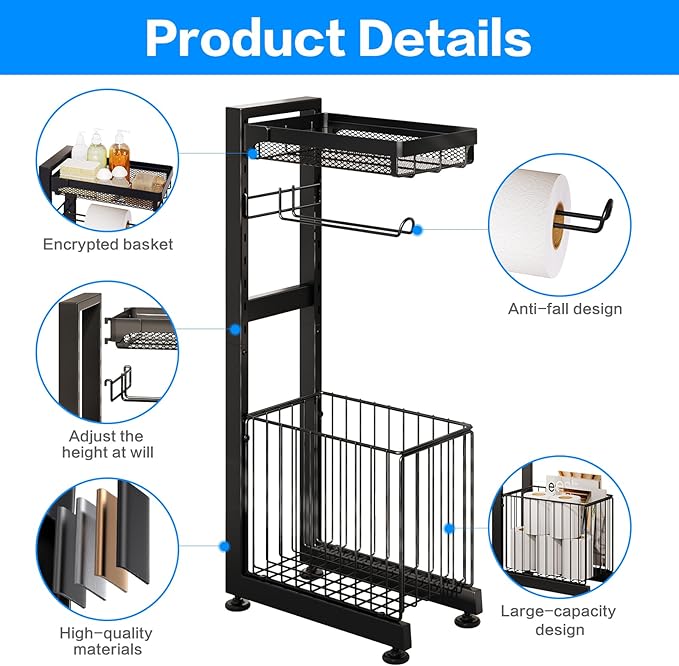 Toilet Paper Holder Stand with Storage Shelf - Multi Tier Metal Toilet Paper Stand with Large Basket for Tissue Rolls, Wipes (Black)