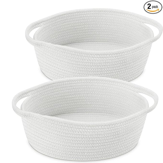 ABenkle Small Basket with Handles, Boho Decorative Rope Woven Dog Cat Toy Storage Bin Shelf Storage Organizer, Easter Christmas Gift Basket, 12"x8"x5", 2 Pack
