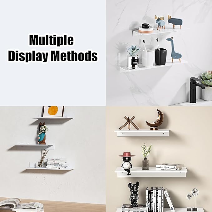 HNVNER Adhesive Shower Shelves for Wall 2 Pack, White Metal Shower Caddy 40cm, Waterproof Bathroom Floating Shelves, Bathroom Storage Wall Shelf Organization