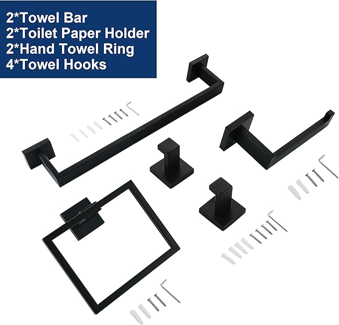 10 Pieces Bathroom Hardware Accessories Set Black, Bathroom Towel Rack Set SUS304 Stainless Steel, Square Bath Towel bar Set Heavy Duty, Wall Mounted