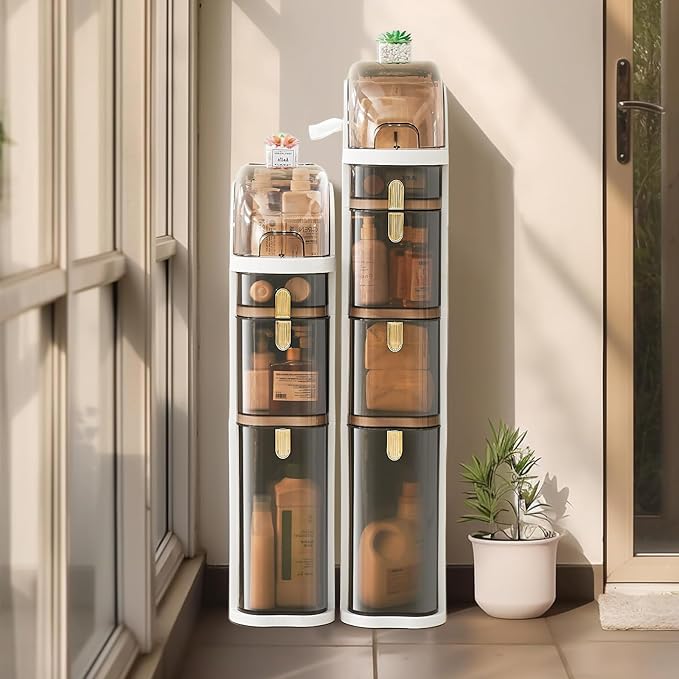 UFORU 4-Tier Slim Bathroom Storage Cabinet – 7.1" Narrow Tall Storage Cabinet, Movable Floor Waterproof Organizer Cabinets with Wheels, Drawers & Tissue Box for Small Spaces