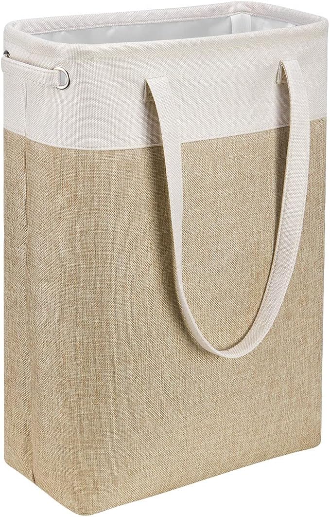 Laundry Basket with Handles Beige&Khaki-Slim Laundry Bin Collapsible Dirty Clothes Basket Narrow Laundry Bag Foldable Dirty Hamper for Camping, Dorms, Apartments