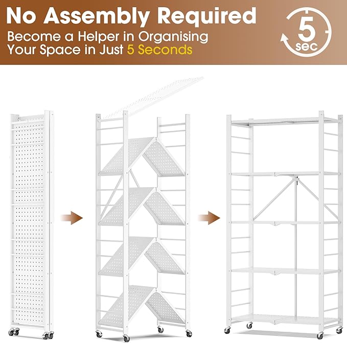 5-Tier Folding Metal Storage Shelf with Wheels & Hooks, Heavy Duty Utility Rack, No-Assembly Collapsible Organizer for Kitchen, Garage, Office, Living Room – 750 lbs Capacity, Black (White, 5-Tier)