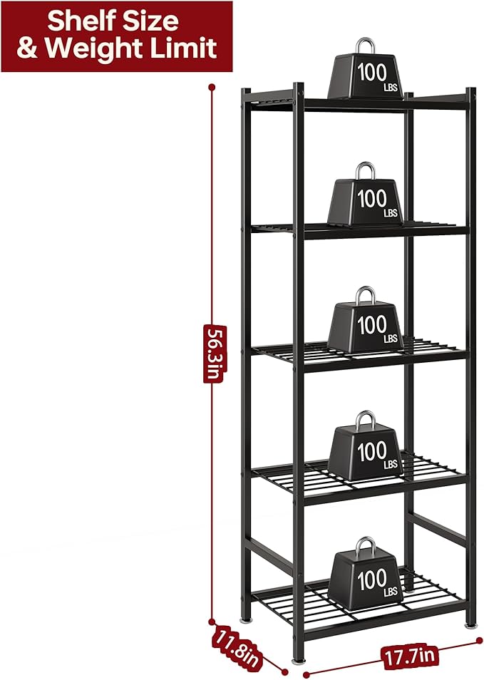 Storage Shelves, 5-Tier Metal Shelving Unit with Adjustable Feet, Compact Shelf Organizer for Garage, Kitchen, Pantry and Closet Organization,11.8" x 17.7" x 56.3", Black