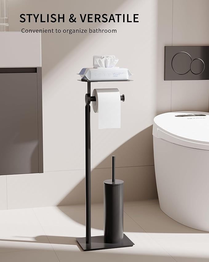 Toilet Paper Holder Stand, Free Standing Toilet Paper Holder with Shelf for Bathroom, Stainless Steel Matte Black Toilet Tissue Holder with Brush and Holder Set, Weighted Base