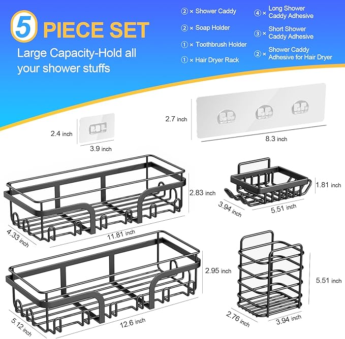 5 Pack Adhesive Shower Caddy, No Drilling Shower Shelves, Rustproof Stainless Steel Bath Shower Organizers, Large Capacity Shower Rack for Bathroom Storage & Home