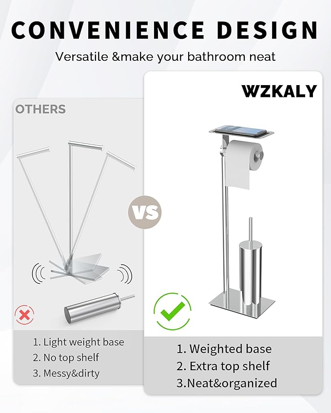 Toilet Paper Holder Stand, Free Standing Toilet Paper Holder with Shelf for Bathroom, Stainless Steel Chrome Toilet Tissue Holder with Brush and Holder Set, Weighted Base