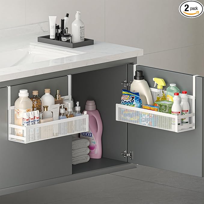 Hanging Bathroom Baskets Fine Mesh Wire Storage Basket Over Cabinet Door Organizer No Drilling Required for Kitchen Bathroom Office, Large, 2 Pack