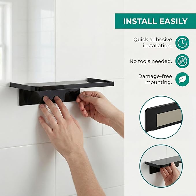 EHKIT Small Floating Shelf Heavy Acrylic Adhesive Stick on Sticky Strips/Nail Screws Wall Mount Bathroom Organizer Wipes Phone Glasses Essential Oil Perfume (White)
