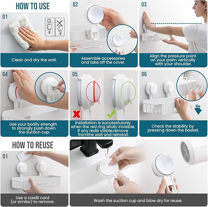 TAILI Shower Caddy Suction Cup 2 Pack With Visible Safety Indicator, Stainless Steel Rustproof Shower Shelves, No Drilling Wall Mounted Basket, Upgraded Removable Suction Cup Bathroom Organizers,White