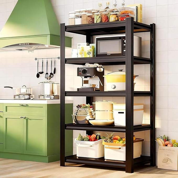 5-Tier Kitchen Shelf Organizer, Solid Metal Adjustable Storage Rack for Pots, Pans, Bottles & Pantry Goods, Space-Saving, Black (71" H x 39" W x 15.7" D)