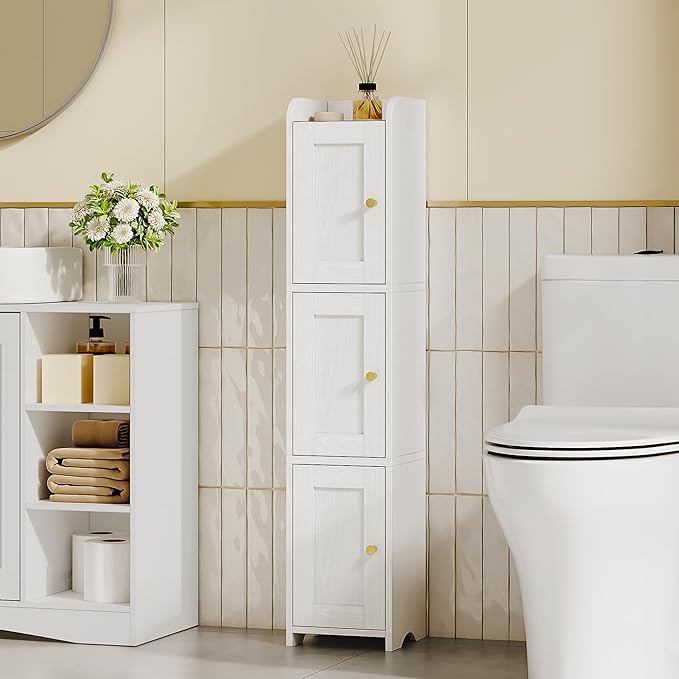 HEXCELEN Slim Bathroom Storage Cabinet, Narrow Cabinet with 3 Doors, Small Bathroom Organizers and Storage, Laundry Room Organization for Small Space, Kitchen, Living Room, White 022313X