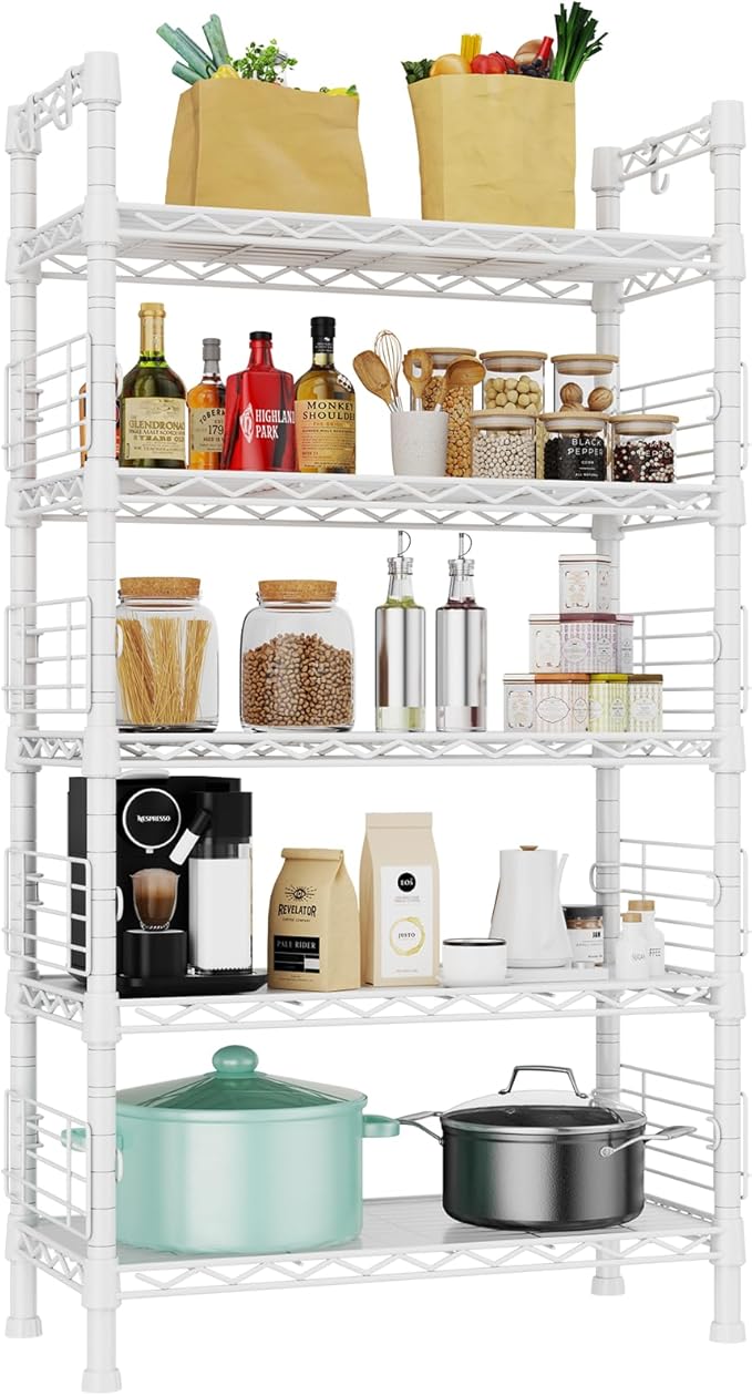 FUTASSI Large Metal Storage Rack, Storage Organizer Shelves for Kitchen, Bathroom, Living Room, Balcony and Garage, 5 Tiers Narrow Bookshelf, 29.5" W x 9.4" D x 59.2" H, Load 480lbs, White
