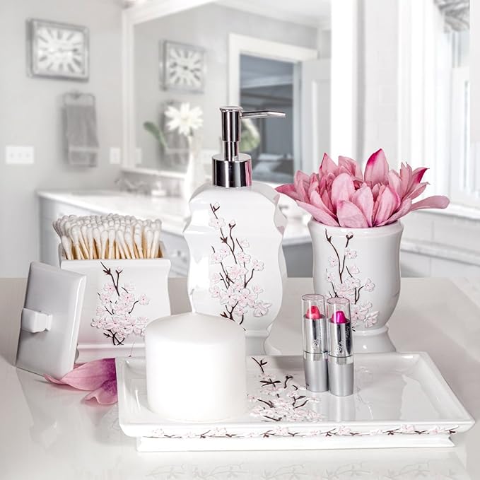 Creative Scents Vanda Bathroom Set - Cherry Blossom White Bathroom Accessories Set - 4 Piece Floral Bathroom Soap Dispenser Set Includes: Lotion Dispenser, Toothbrush Holder, Tumbler & Soap Dish