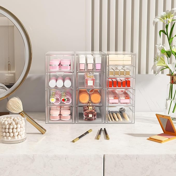 Acrylic Makeup Organizer with 13 Drawers, Bathroom Counter Organizer, Acrylic Organizers, Desk Organizer, Office Supplies, Storage Drawers for Cosmetic, Pencil, Coffee, etc 3 Pack