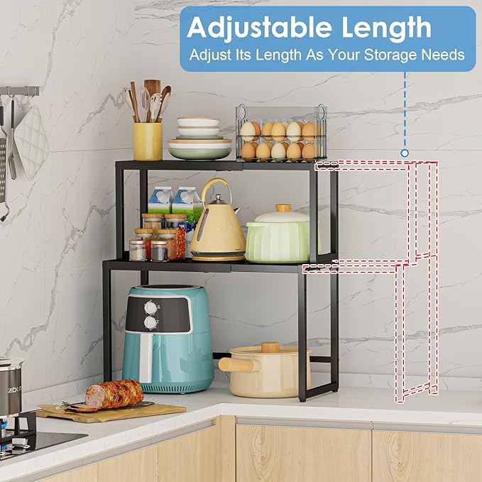 2 Pack Expandable Cabinet Countertop Shelves (Small + Large), Heavy Duty Metal Shelves Organizers For Kitchen Cabinet Countertop Storage, Adjustable Storage Shelf Organizer For Kitchen Cabinet Pantry