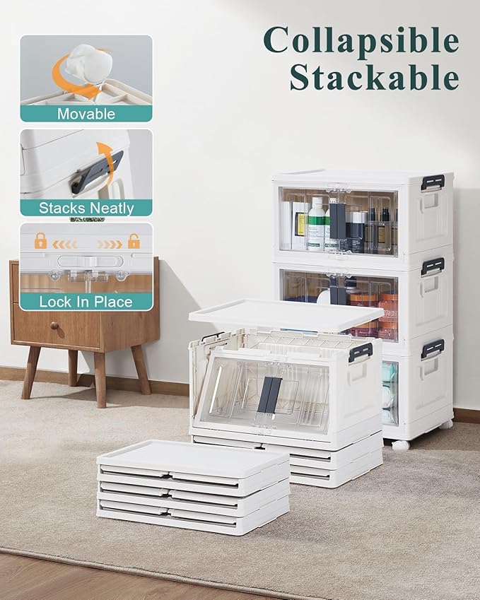 OlarHike 23QT Stackable Storage Bins with Lids - Folding Storage Box with Doors and Wheels, Collapsible Plastic Organizers for Closets and Organization, Bathroom, Drawers, Office, Gifts, 3 Pack