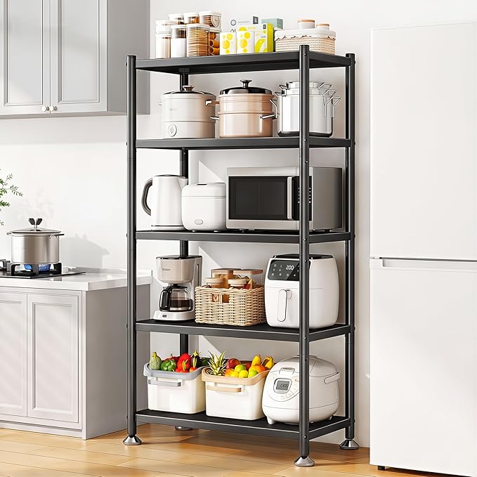 5 Tier Adjustable Storage Shelves, Heavy Duty Metal Storage Rack with Wheels, Shelving Units Utility Shelf for Kitchen, Pantry, Bathroom, Garage, Office Organization and Storage, Black, 13"x24"x59.7"