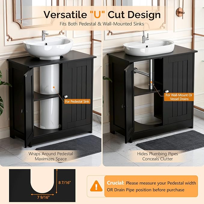 Bonnlo Pedestal Sink Storage Cabinet, 24" Black Under Sink Bathroom Storage Cabinet with 2 Doors and Adjustable Shelf, Traditional Bathroom Space Saver Organizer for Small Spaces, Water-Resistant