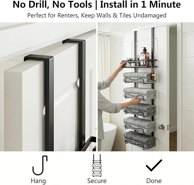 CTESNE【No Drill - 6-Tier】 Towel Racks for Bathroom The Door Bath Towel Storage Organizer for Small Bathrooms - Tiered Back of Door Towel Holder Hanger for Rolled Towels RV Camper(Black)