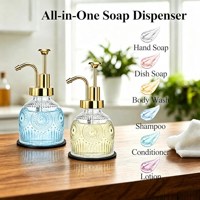 SheeChung Vintage Soap Dispenser, Kitchen Dish Soap Dispensers with Pump Mat, Glass Hand Soap Dispenser for Bathroom, Liquid, Lotion, Refillable, Rustic Farmhouse Decor-Clear (Gold Pump, 1 pk)