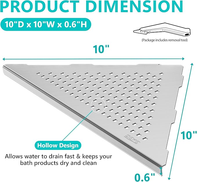 Qeke Corner Shower Shelves, 10” Recessed Tile Shower Shelf Brushed Nickel, 304 Stainless Steel Grout in Corner Tile Bathroom Shelves, No Drilling, 2 Pack