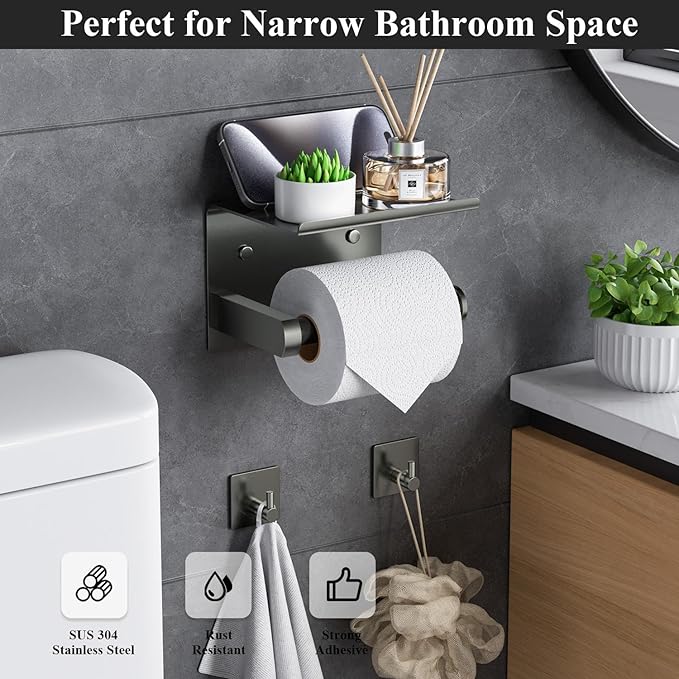 Tindbea Toilet Paper Holder with Phone Shelf + Towel Robe Hooks, Adhesive or Screw Wall Mounted Toilet Paper Roll Storage, Stainless Steel Bathroom Tissue Roll Holder (Polished Grey)