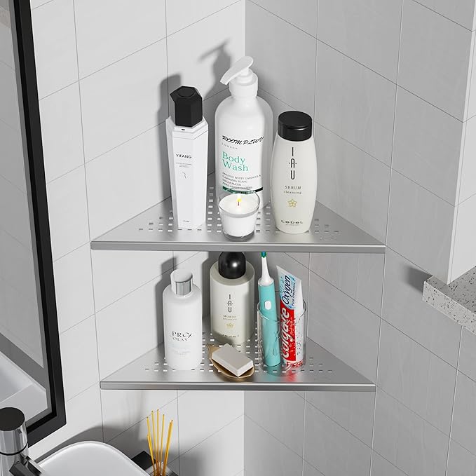 Qeke Corner Shower Shelves, 10” Recessed Tile Shower Shelf Brushed Nickel, 304 Stainless Steel Grout in Corner Tile Bathroom Shelves, No Drilling, 2 Pack