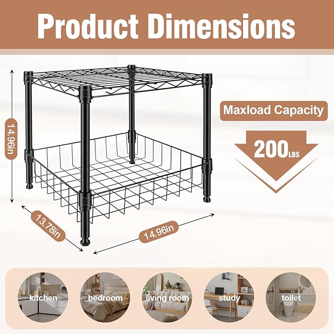 2-Wire Shelving Unit, Multi-Tier Stackable Metal Storage Shelves, Versatile Utility Shelves & Wire Rack for Garage Shelving, Pantry Shelves, Office, Living Room, Garage,Black