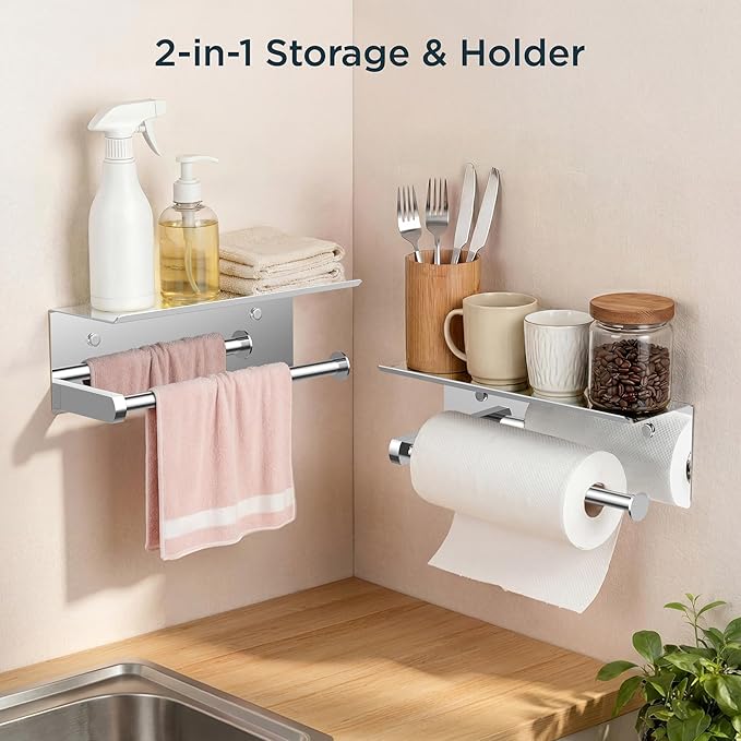 FORIOUS Paper Towel Holder with Shelf, SUS304 Stainless Steel Paper Towel Holder with Storage Shelf, Wall Mount Screw Paper Roll Organizer Commercial Paper Hand Towel Dispensers, Chrome