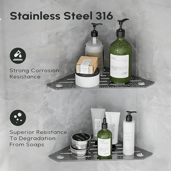 Corner Shelves 10 Inch, Rustproof 316 Stainless Steel, No Drilling Slot Design, Satin Brushed, Pentagonal Floating Bathroom Shelf for Tiled Wall, Corner Shower Caddy Organizer Rack