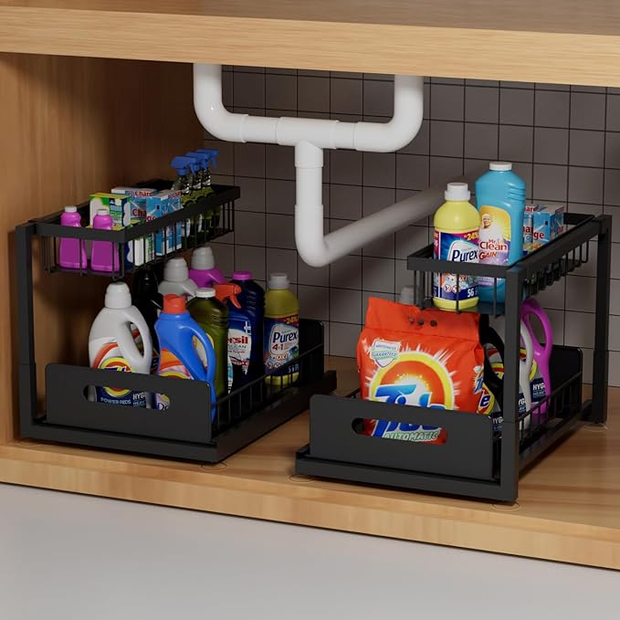 2-Tier Under Sink Slide Out Organizer, 2 Pack Pull Out Cabinet Storage Shelf with Sliding Wire Basket Drawer for Bathroom Kitchen, Countertop or Pantry Shelf, Black