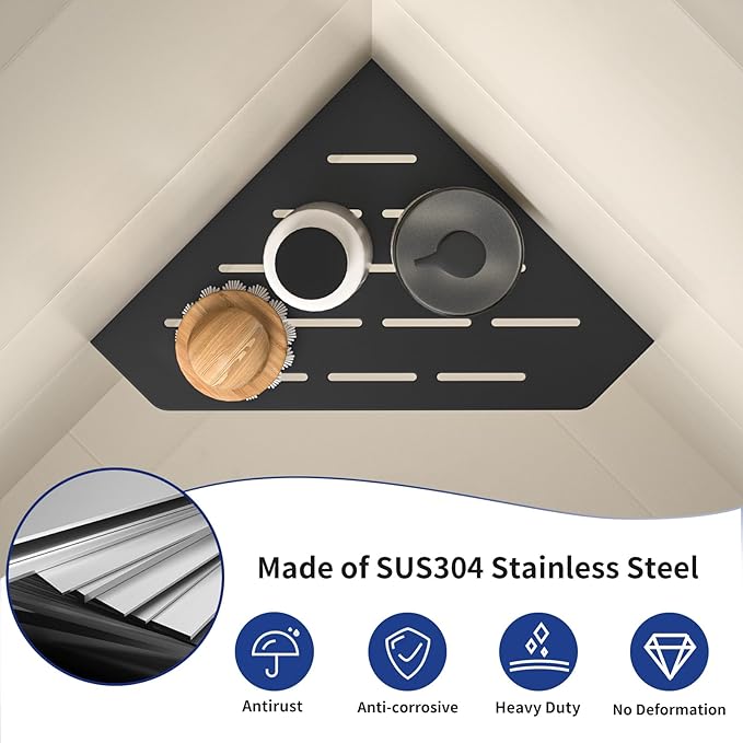 Corner Shower Shelf, 304 Stainless Steel Pentagonal Heavy Duty Floating Corner Sheves, Slot Design Grout in Bathroom Shelf for Tiled Wall 2 Pack(Matte Black, 8"-2 Pack)