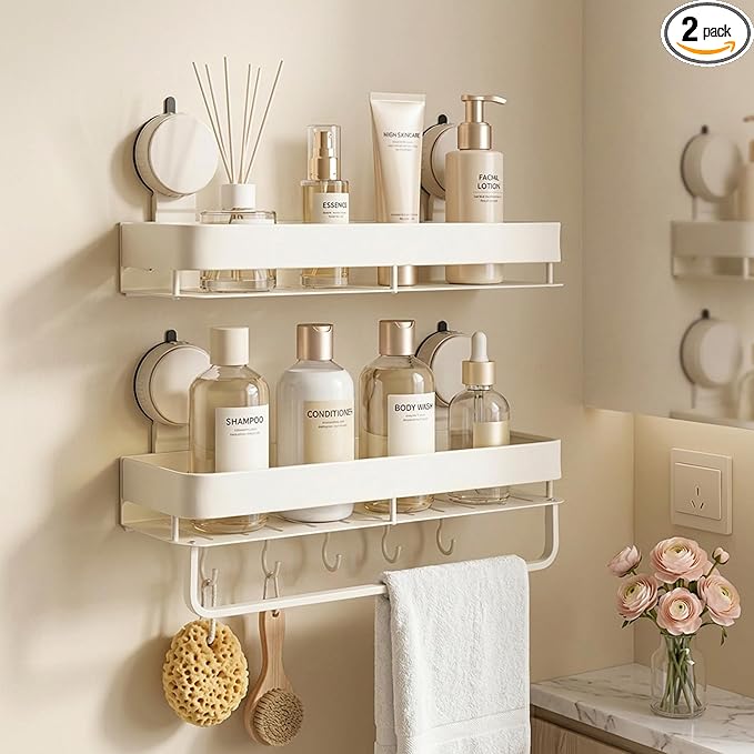 Wide Aluminum Suction Cup Shower Caddy(2-Pack Cream White),Shower Shelves for Bathroom Wall,Wall Mounted Bathroom Shelves with Towel Bar & Hooks