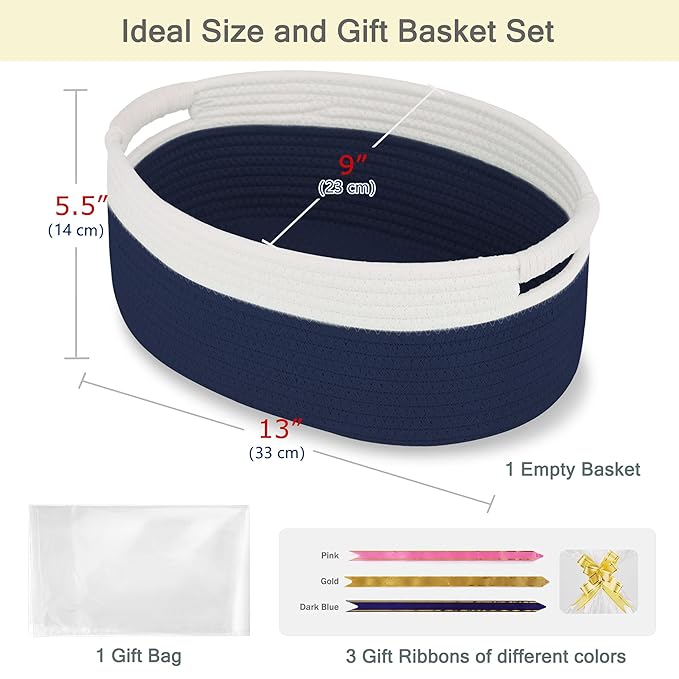 Small Woven Basket with Gift Bags and Ribbons, Empty Baby Gift Baskets for Kids Women Men, Shelf Storage, Small Cat Dog Pet Toy Boxes, 13”x 9”x 5.5”, Navy Blue