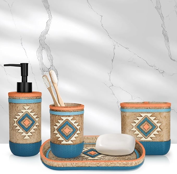 Bathroom Accessory Sets 4PCs Complete Tribal Home Decor Southwest Pattern Shape Includes Lotion Dispenser Toothbrush Holder Tumbler Cup & Vanity Tray