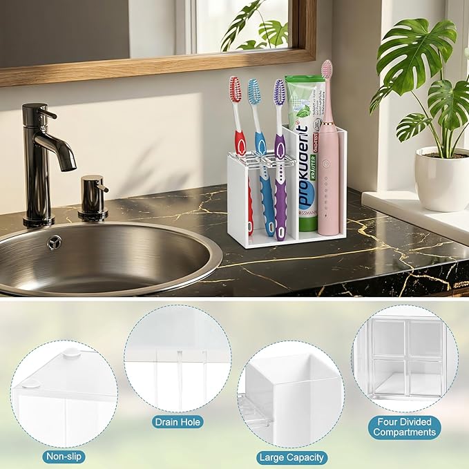 Acrylic Toothbrush Holders for Bathroom, 5 Slots Toothbrush and Toothpaste Storage Organizer Holder, Home Decor for Bathroom Accessories Organizer - White
