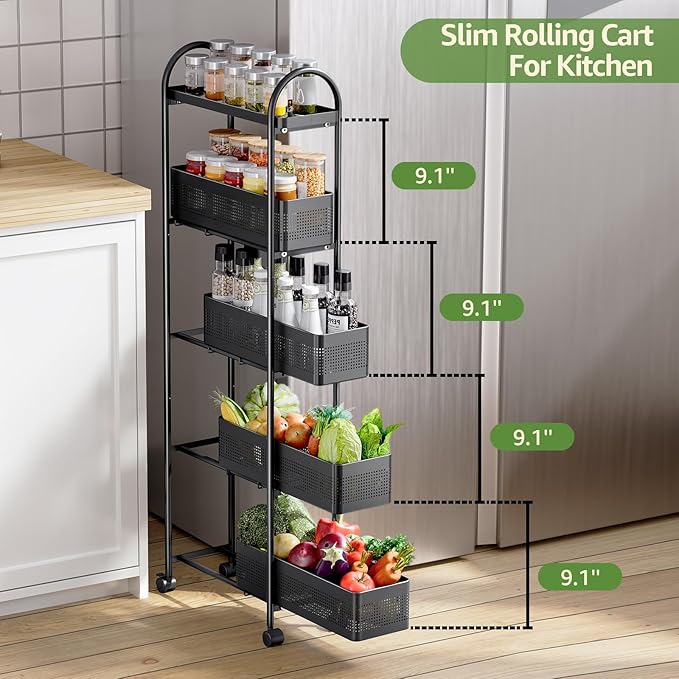 5-Tier Slim Storage Cart with Drawer, Rolling Utility Cart on Wheels, Narrow Metal Cart for Space Save, Lockable Wheels, Easy Assembly for Kitchen Cart, Craft Cart, Nursery Organizer, Laundry